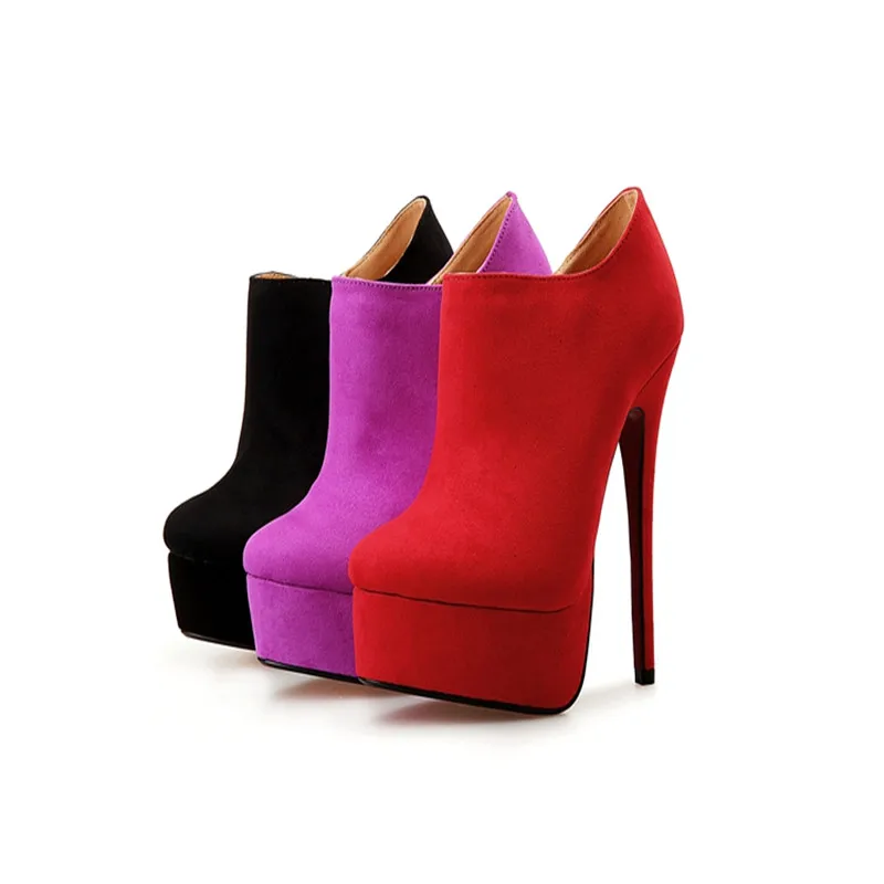 SDTRFT/высококачественные ботильоны демисезонные туфли-лодочки из флока на тонком каблуке 16 см с круглым носком Лидер продаж, женские красные туфли на платформе botas mujer