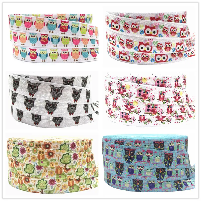 

Cartoon Owl sun flower Print Fold Over Elastic 10yards/lot FOE Ribbon Webbing for Headband DIY Headwear Hair Accessories 16MM
