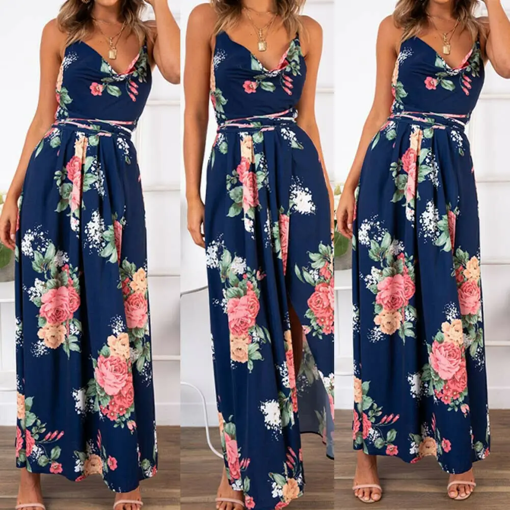 

Hot Womens Holiday Boho Floral Strappy Navy Blue Backless Chiffon V-Neck Maxi Dress Lady Summer Beach Party Casual Long Sundress