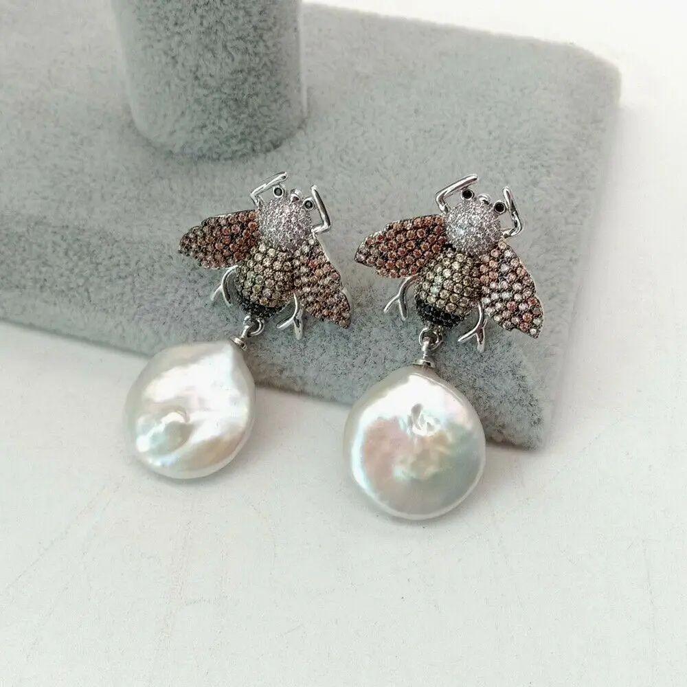 

White Coin Keshi Pearl Cz Pave Bee Earrings