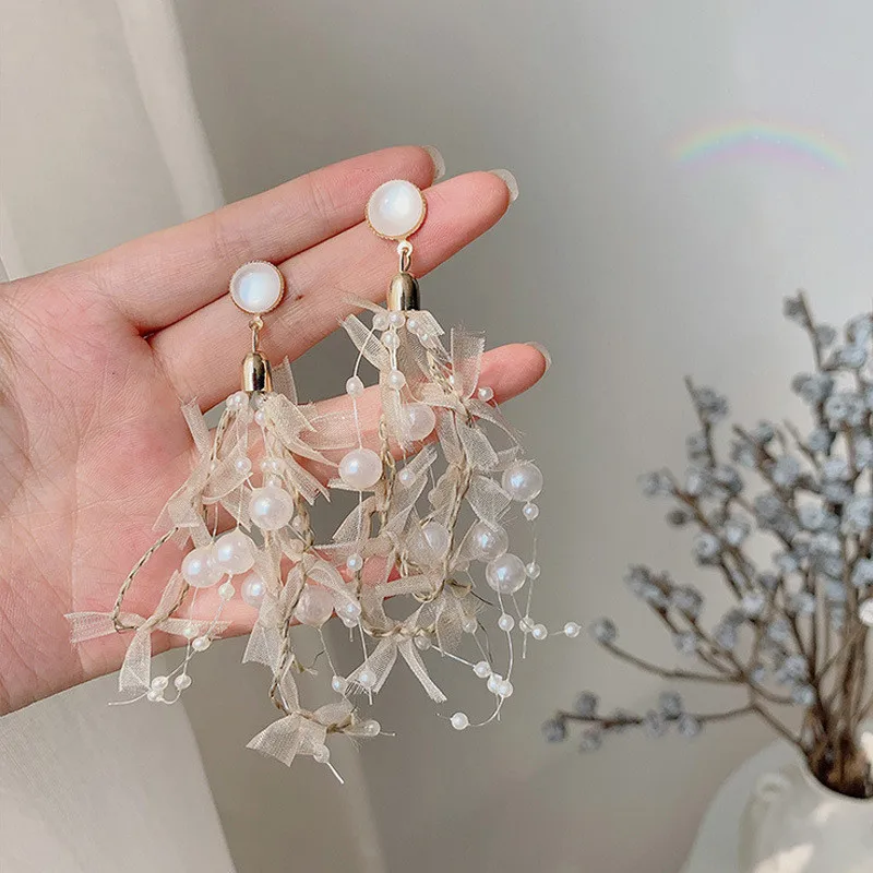 

New Korean Elegant Lace Simulated Pearl Long Tassel Drop Earrings for Women Girl 2019 Hot Sale Ear Jewelry EC1750