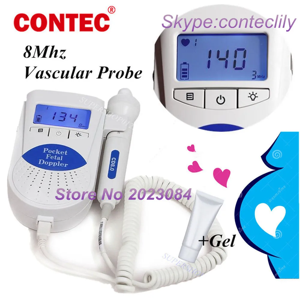 

Contec Fetal Doppler LCD Built-in speaker Fetal Doppler Monitor & 8MHZ Vascular Probe gel CE