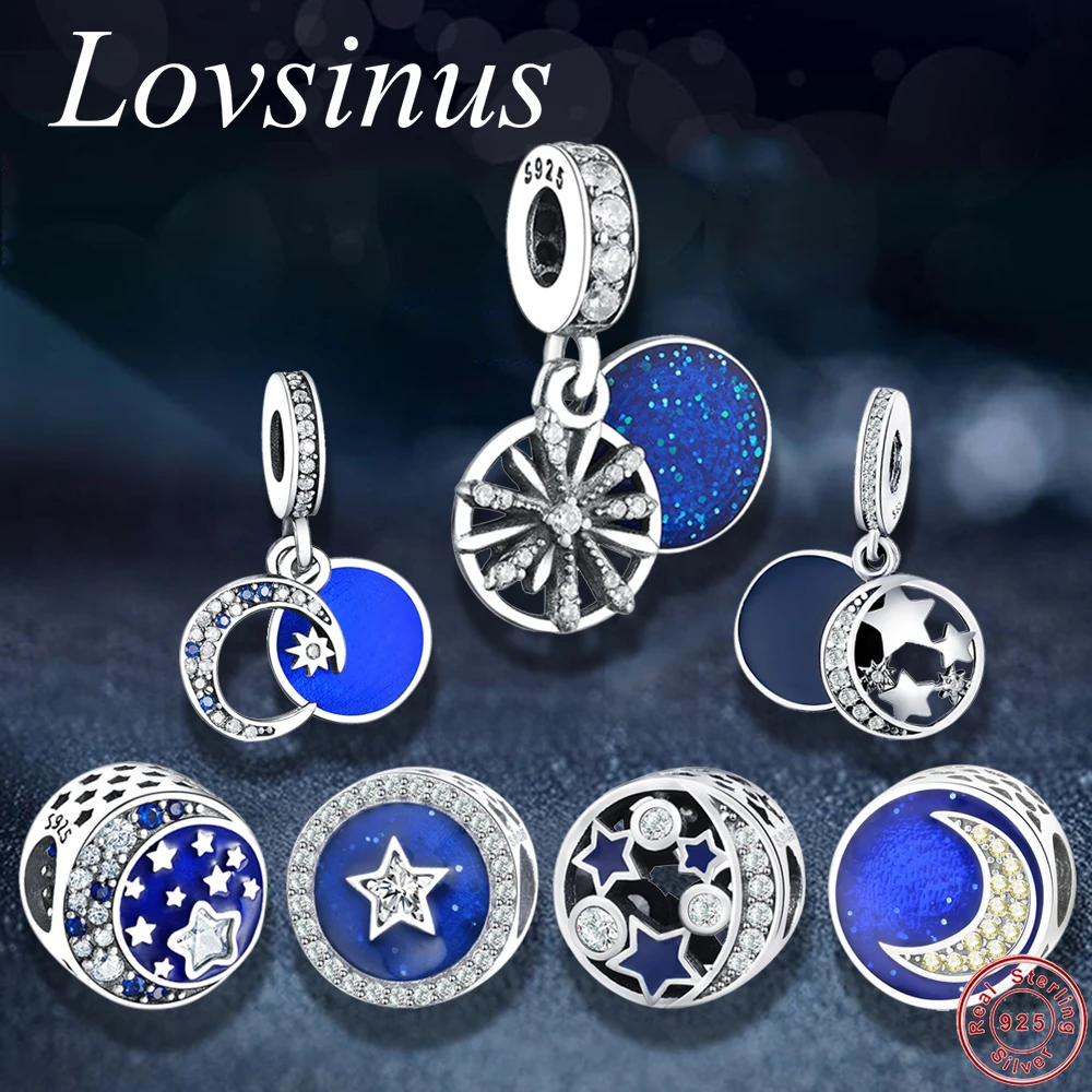 

Fit Original Pandora Charm Bracelet 925 Sterling Silver Moon Star Dazzling Firework Blue Magic Crystal CZ Bead Jewelry Berloques