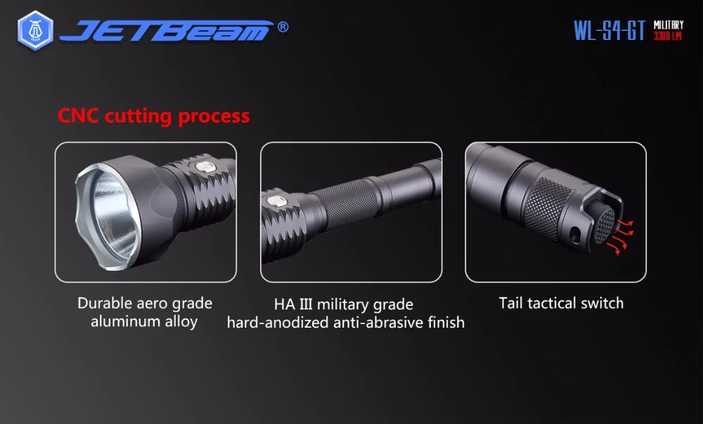 Tática para Esportes ao ar Caça Jetbeam gt Mtg2 Led Max.3300 Lumens Feixe Distância 400 Metros Tocha Livre Luz Wl-s4-gt Wl-s4 3 Luzes e Iluminação
