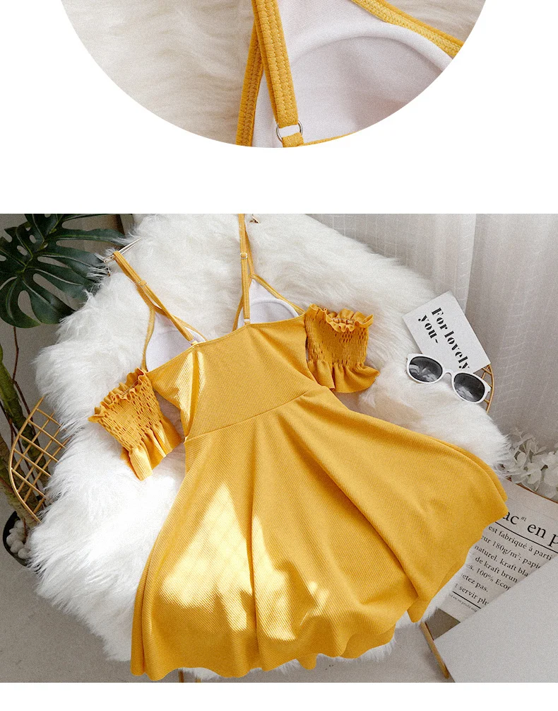 Женский желтый купальник с юбкой, Женский цельный комплект бикини, Пляжное платье, купальный костюм, танкини, женский купальник