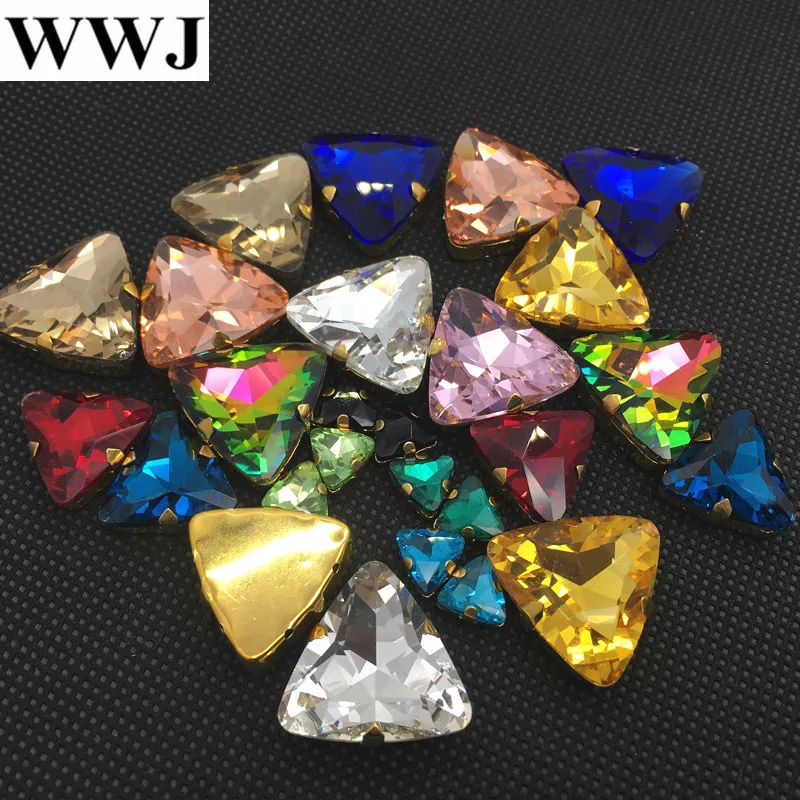 

18mm 23mm triangle shape Glass Crystal sew on gold claw rhinestone High quality sew-on beads dress jewelry making