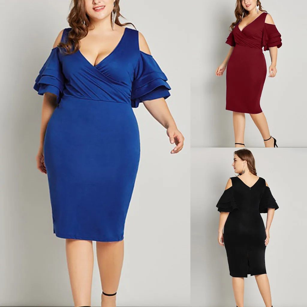 

2019 summer New Fashion Solid Color Dress Women's Plus Size V-neck Waist Pleated Off-the-Shoulder Ruffled Sleeve Dress L-5XL
