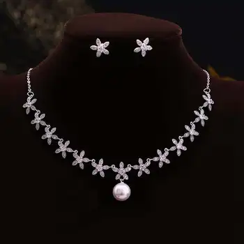 

Zircon Crystal Silver Plated Pearl Jewelry Set Exquisite Petal Necklace + Stud Earrings Bride Wedding Dress Accessories Jewelry