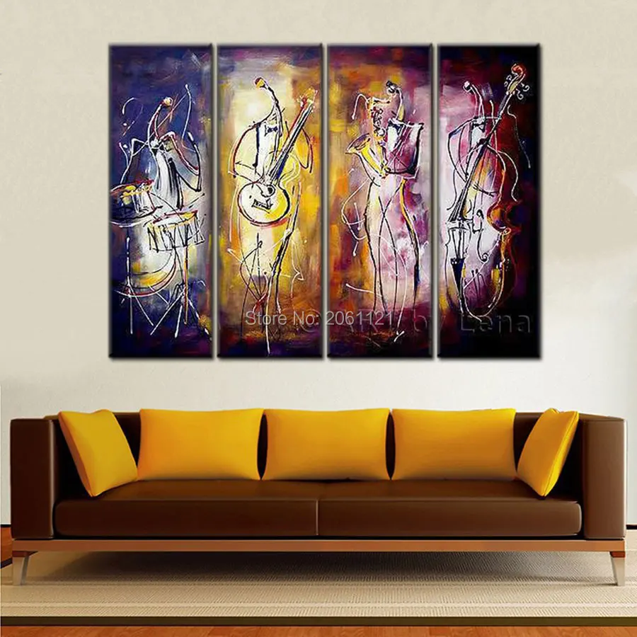 

Hand Painted Abstract Wall Art muisian music party Picture 4 Piece abstract Canvas Oil Painting Modern Decoration Home