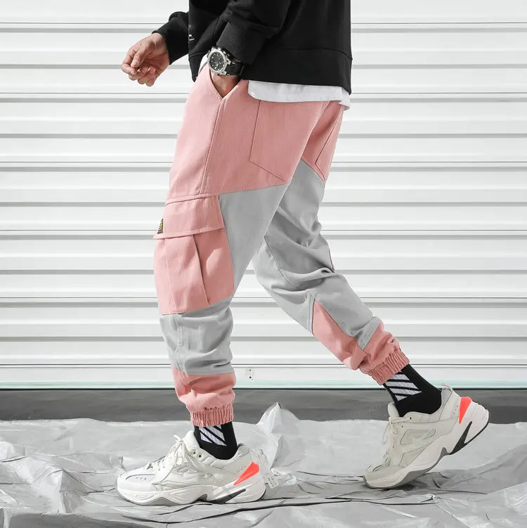 New Cargo Harem Pink Pants Mens Casual Joggers Baggy Trousers Harajuku Streetwear Hip Hop Pants Men Fashionable Sweatpants