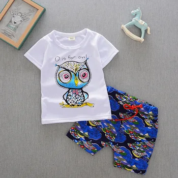 

2018 Baby clothing sets short-sleeved round neck cartoon owl t-shirt+ shorts children's cotton sets