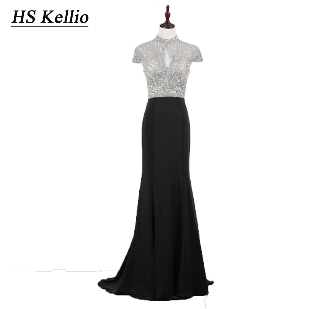 

HS Kellio High Collar Formal Black Evening Dress Short Sleeve Beaded Bodice Party Gowns