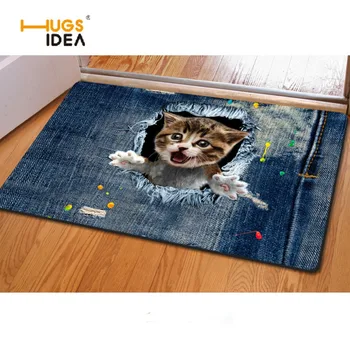 

HUGSIDEA Hot Sale Jeans Design Home Carpets Cute Denim Cat Printed Tapis Carpets for Living Room Kitchen Entrance Doormat Rugs