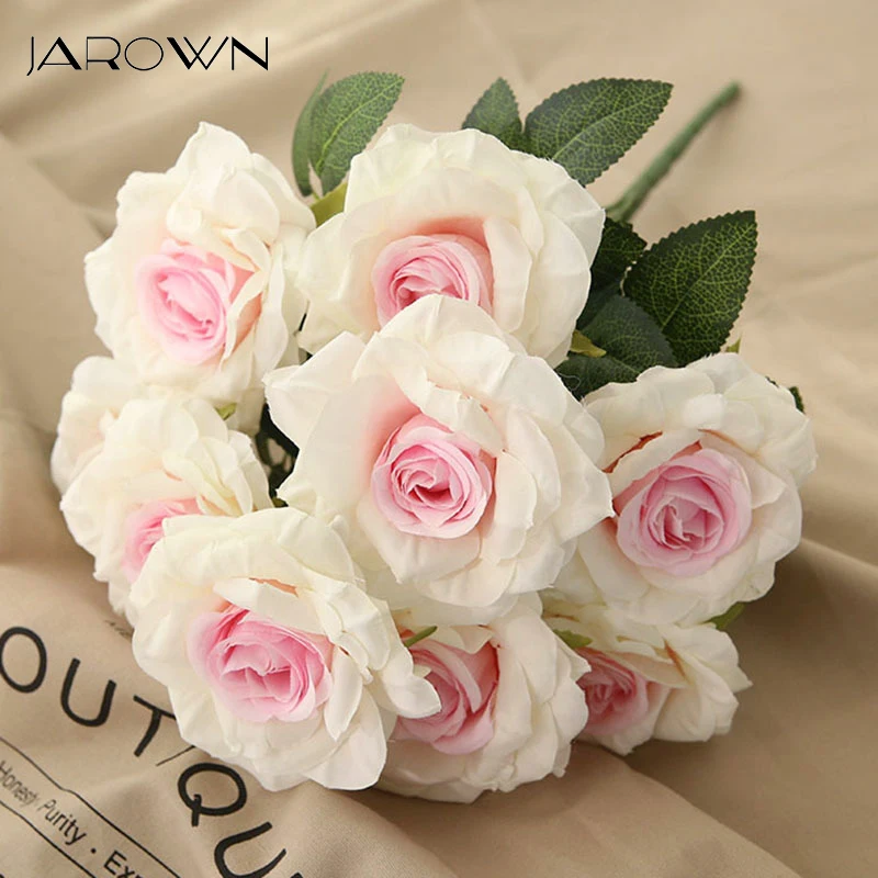 JAROWN 10 Head Curled Roses High End Bouquet Artificial Flowers Wedding Decorative Flores Home Decor Simulation Silk Fake Flower