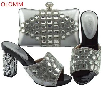 

OLOMM New latest Silver Italian Ladies Shoes And Bags To Match Set New Summer African Slipper Shoes And Bag Set.Y-37
