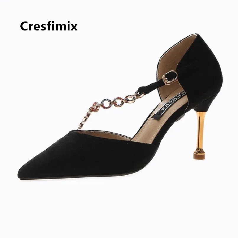 Женские туфли-лодочки на высоком каблуке Cresfimix черные повседневные из флока