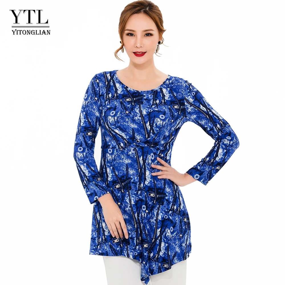 

Female Spring Fashion Three Quarter Sleeve Asymmetrical Hem Sky Blue Zip Digital Printed T-shirt Women High Low Tops H206