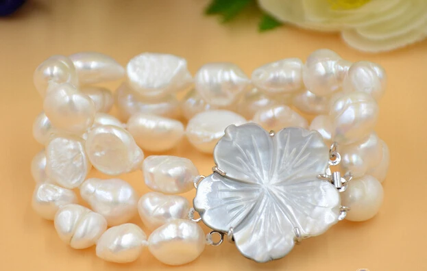 

Hot selling>@@ > 01221 3row 8" WHITE BAROQUE freshwater cultured pearl bracelet -Bride jewelry free shipping