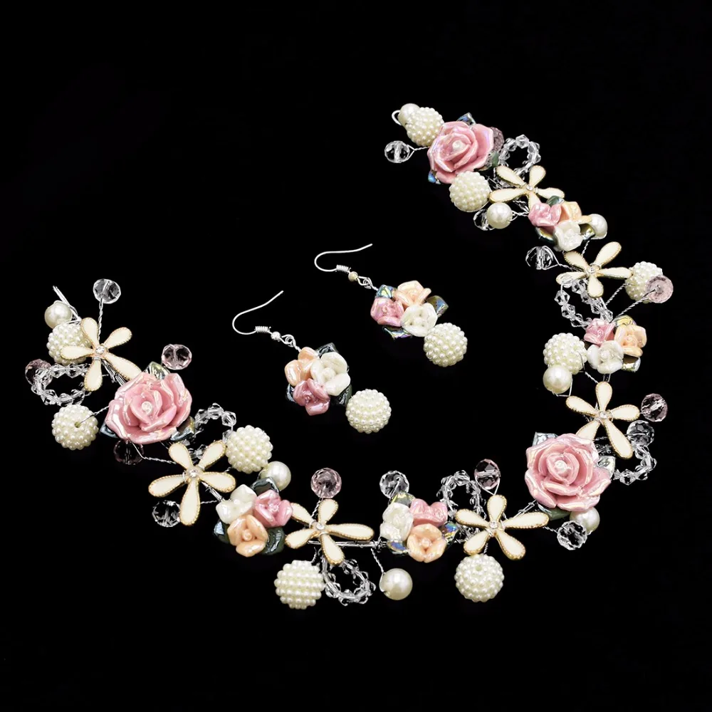 

New Bridal Flower Headbands Crowns Tiaras Hair Jewelry Resin Pom Pom Ball Drop Earring Wedding Head Chain Hair Jewelry Set