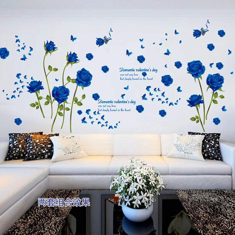 

Can remove the wall stick romantic blue rose plants flower stickers The sitting room sofa background stickers