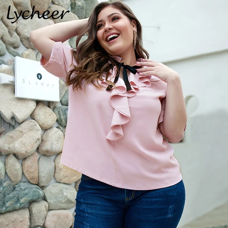 

Lycheer Plus Size Women Tops Blouse Shirt Elegant Ruffled Bow Tie Shirt Blouse Short Sleeve Casual Streetwear Blouse Shirt