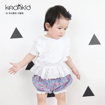 

Kacakid new summer baby girls sweet set children lace white blouse floral Shorts t-shirt Set