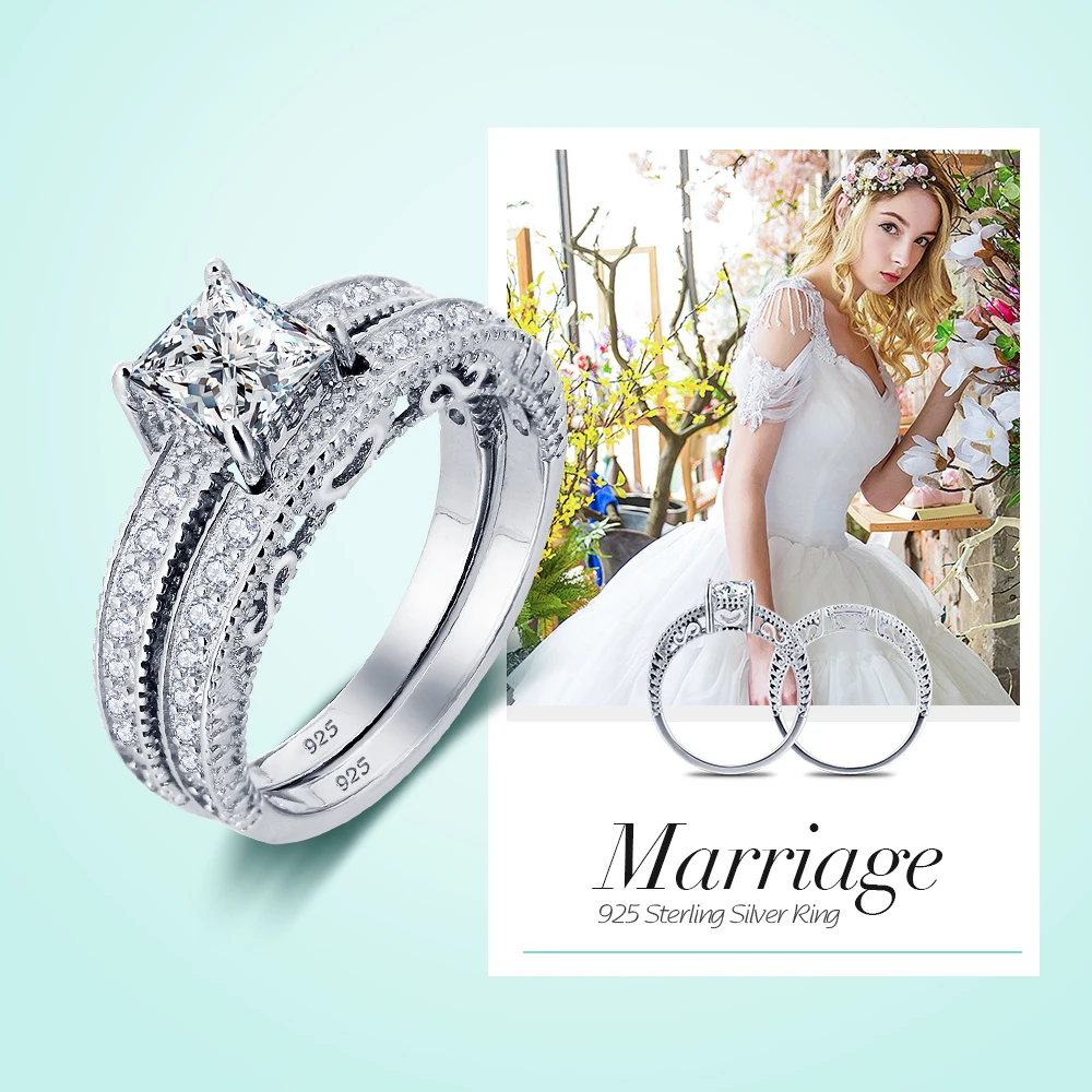 Luxurious Engagement 6mm Square Cubic Zirconia Wedding Ring Bridal Sets 925 Sterling Silver Rings For Women (JewelOra RI101614)