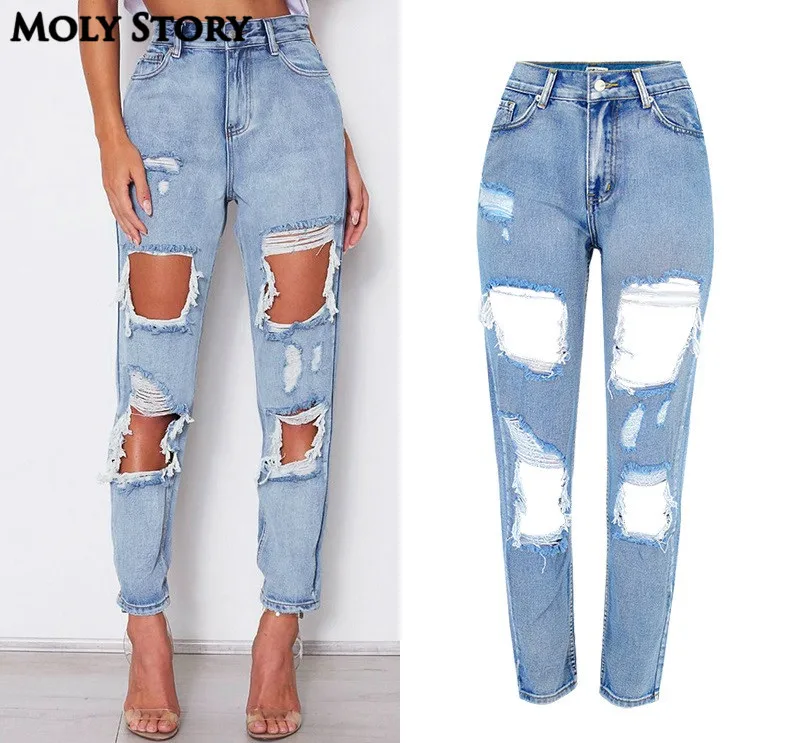Рваные джинсы для Для женщин мешковатые джинсы бойфренда джинсы с дырками рваные Высокая талия джинсы Femme новые летние