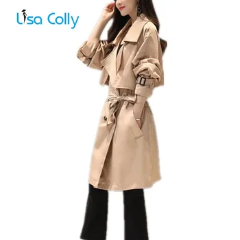 

Lisa Colly Women Autumn Fashion Long Sleeves Double Breasted Trench Coat Women Long Khaki Green Coat Overcoat Business Outerwear