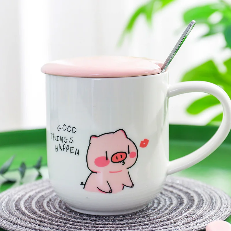 400ml Cute cartoon pink pig ceramic mug with lid spoon,Porcelain Mugs Personality Ceramic Coffee Cup Fun TeaCup Drinkware - Цвет: 01