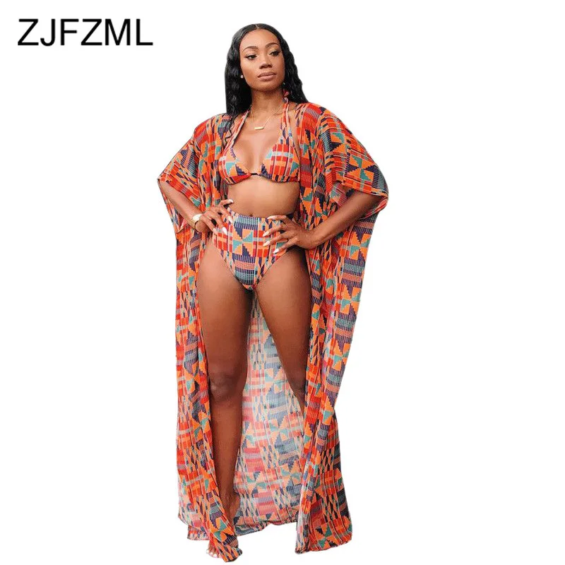 

Geometric Pattern Sexy 3 Three Piece Outfits Women X-Long Beach Cloak And Halter Backless Crop Tops And Lace Up Bodycon Shorts