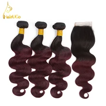 HairUGo Hair Pre-colored Malaysia Hair Body Wave #1B/99J Color Human Hair In Extensions Non Remy 3 Bundles Wih Closure Hair