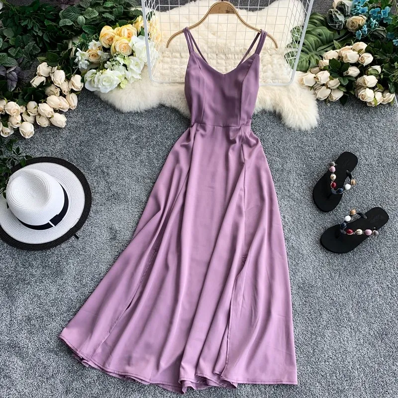 Сексуальное Макси-платье с v-образным вырезом на бретельках с разрезом, женские вечерние с открытой спиной повседневные пляжные летние платья Vestidos - Цвет: Фиолетовый