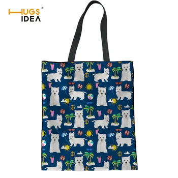 

HUGSIDEA Cute Westie Floral Pattern Handbags Canvas Women Large Eco Tote Bags Travel Storage Bag for Female Folding Portable Bag