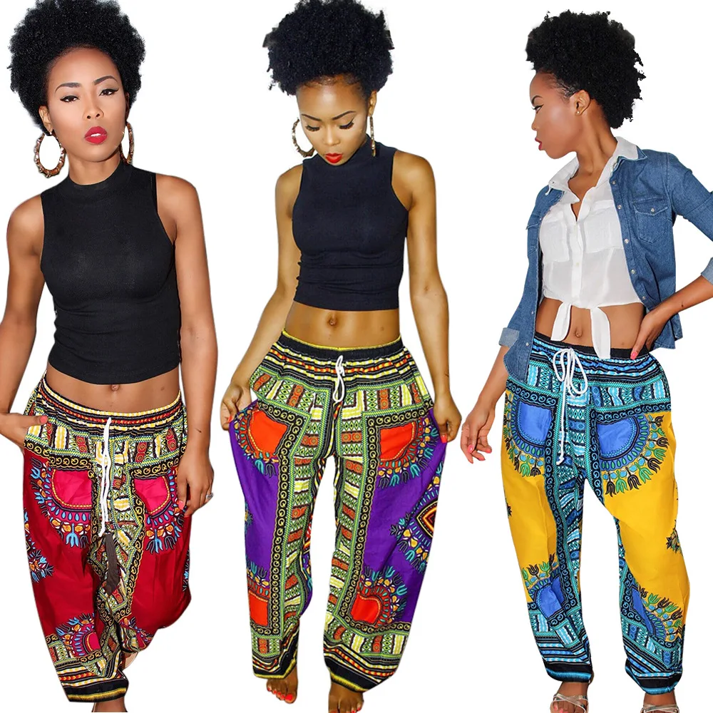 

2016 New Style Dashiki Drawstring Waist Java Print Loose Pants