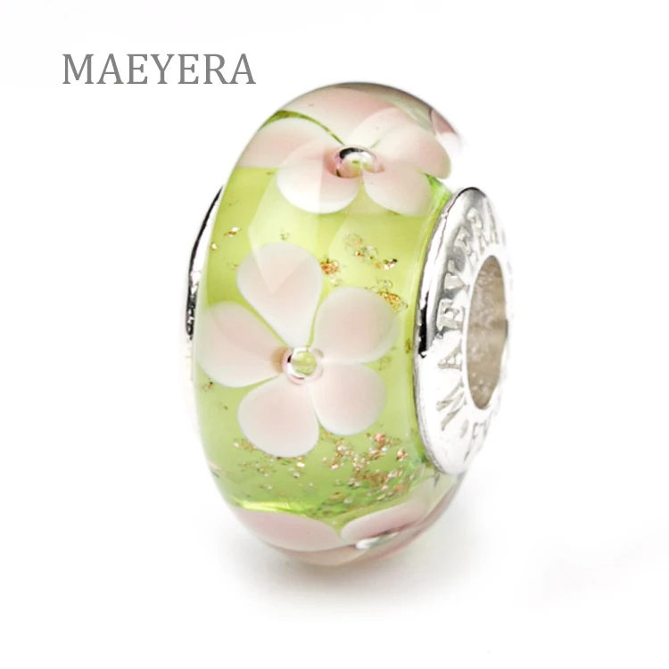MAEYERA 925 Silver Core Lampwork Glass Beautiful Purple Flowers Murano Beads Fit European Charm Bracelet 920176 | Украшения и