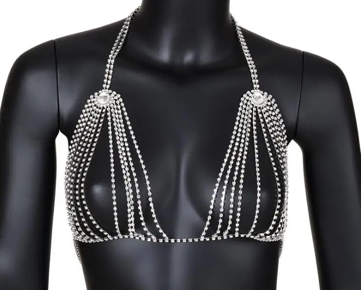 

Rhinestone Crystal Bikini Bra Body Chain Top Chest Belly Tassel Chains Crossover Harness Necklace Festival Party Cover Up 12pcs