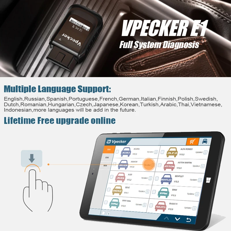 Vpecker E1 Wifi Интеллектуальный OBD2 автоматический сканер полная система ABS подушка безопасности DPF TPMS сброс сканирующий инструмент автомобильный OBD2 планшет диагностический инструмент
