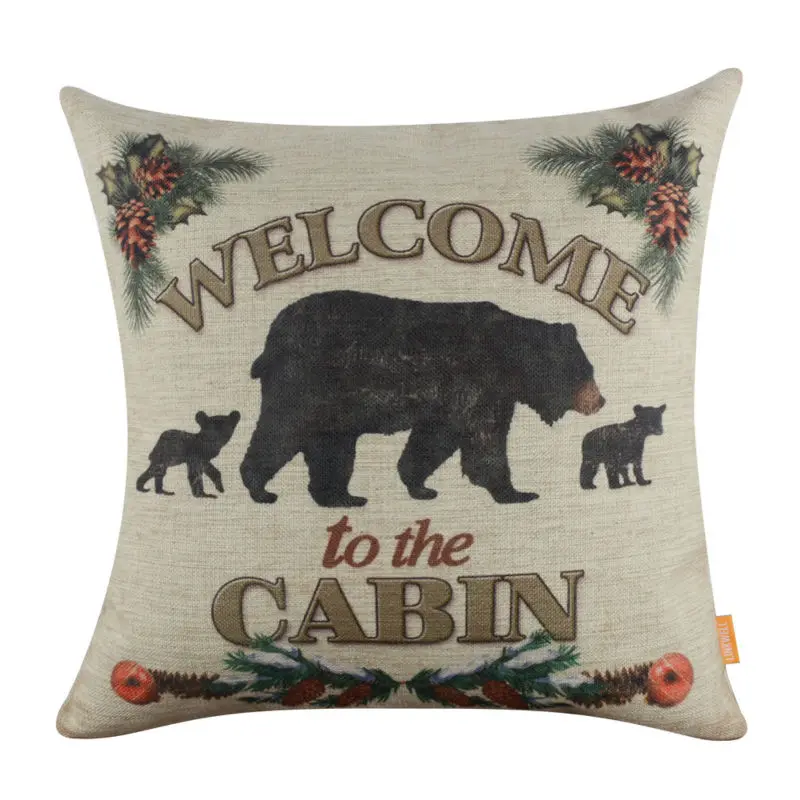 LINKWELL 18x18" Vintage to the Cabin Bear Burlap Cushion Cover Throw Pillowcase Man Cave