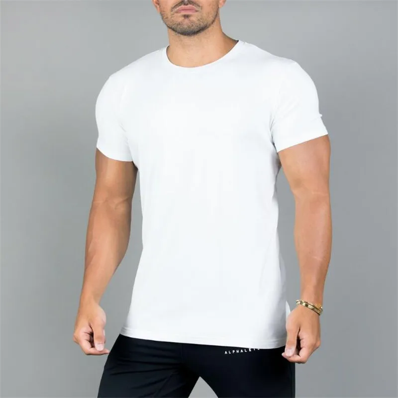 ALPHALETE, Мужская футболка с коротким рукавом для тренажерного зала, для фитнеса, бодибилдинга, тонкие рубашки, одежда, модные повседневные однотонные футболки с круглым вырезом - Цвет: Белый