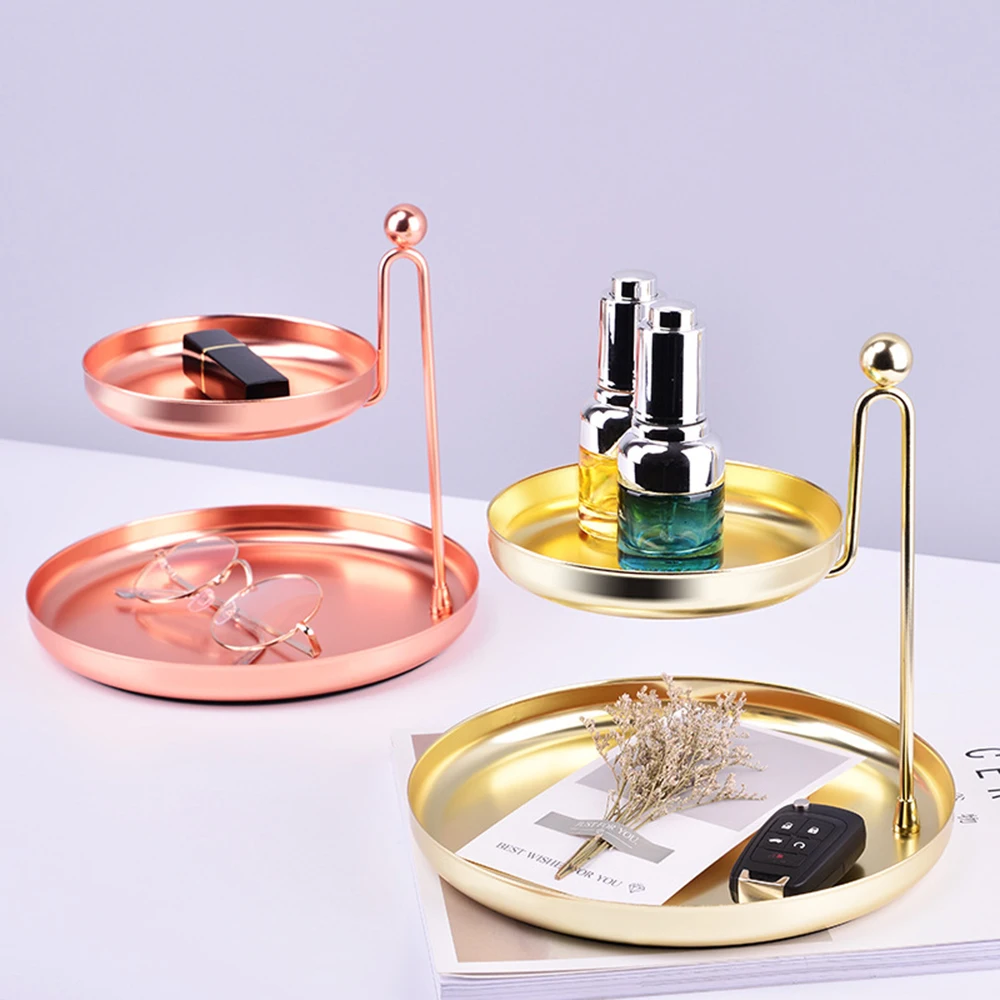 Nordic Jewelry Storage Tray Double Layer Metal Cosmetic Makeup Organizer Gold Display Rack Desktop Decorative Storage