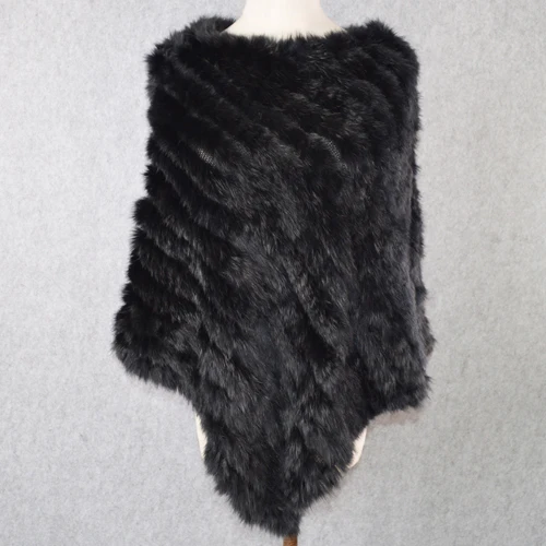 Модные вечерние женские шаль из натурального кроличьего меха, натуральный вязаный шарф пончо из натурального кроличьего меха, осенне-зимний меховой Палантин из кроличьего меха - Цвет: black 1