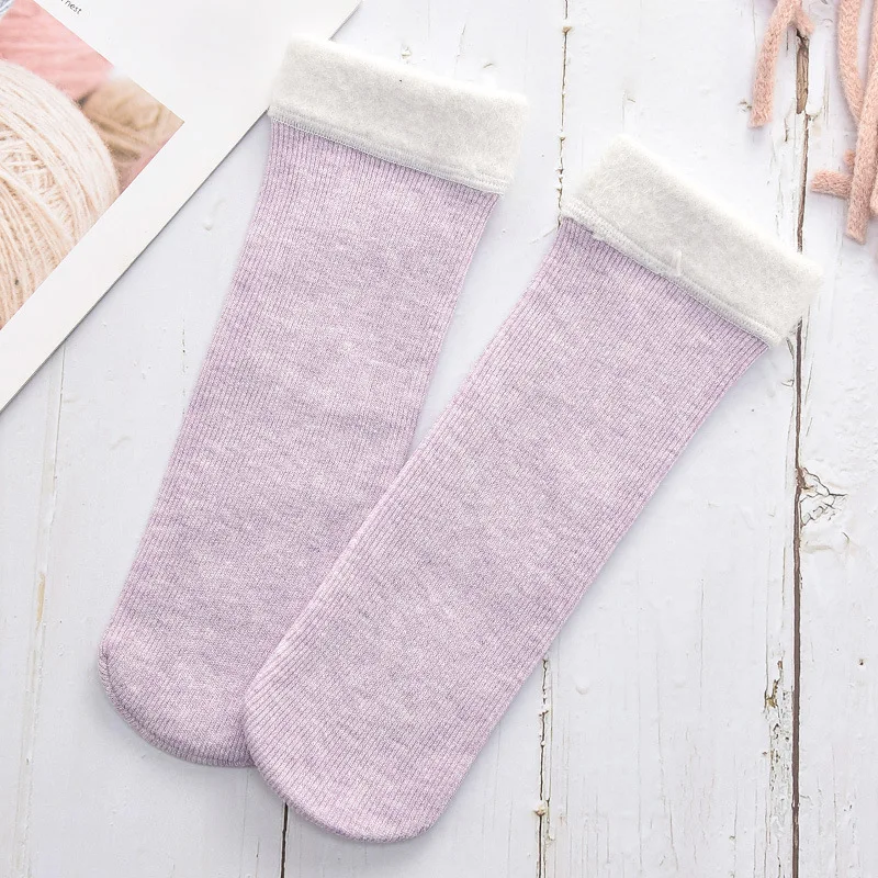 Socks Winter Warm Women Colored Cotton Plus Velvet Thickening Socks Breathable And Sweat-absorbing Fashion Mid Sock - Color: Purple