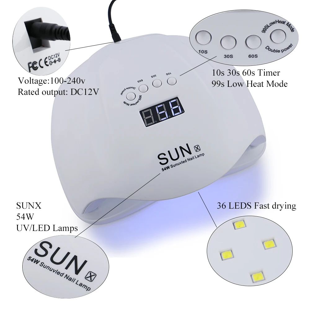 54W УФ-лампы для ногтей 36 светодиодов быстрое высыхание гель для лечения Ногтей, СИД лампы 100-240 В Сушилка для ногтей SUNX