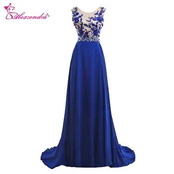 

Alexzendra Royal Blue A Line Scoop Neck Long Prom Dresses Appliqued Illusion Back Chiffon Evening Gowns Party Dress