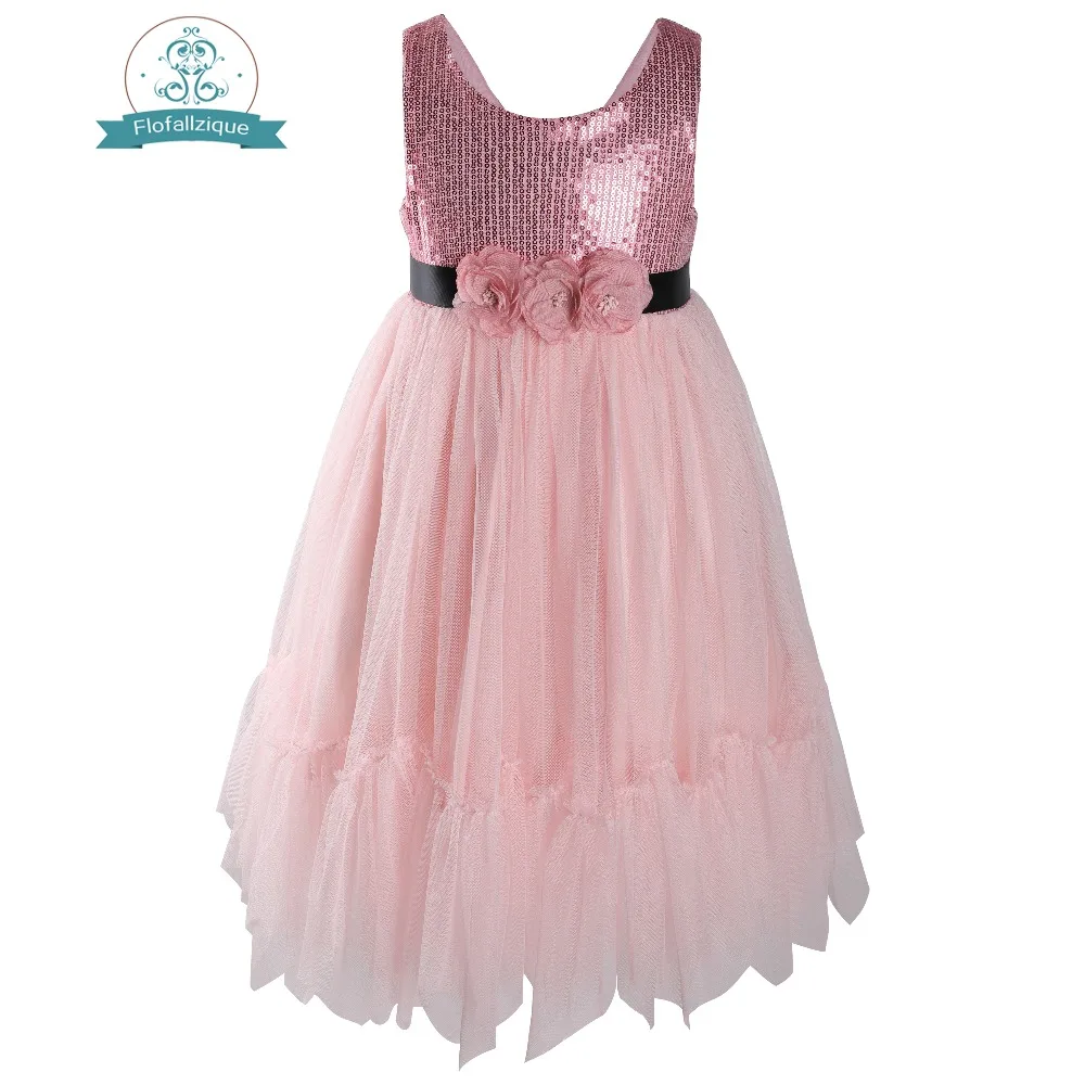 Flofallzique/детская одежда из тюля без рукавов с блестками; платье для маленьких девочек с тремя цветами и декоративной черной лентой для свадебной вечеринки