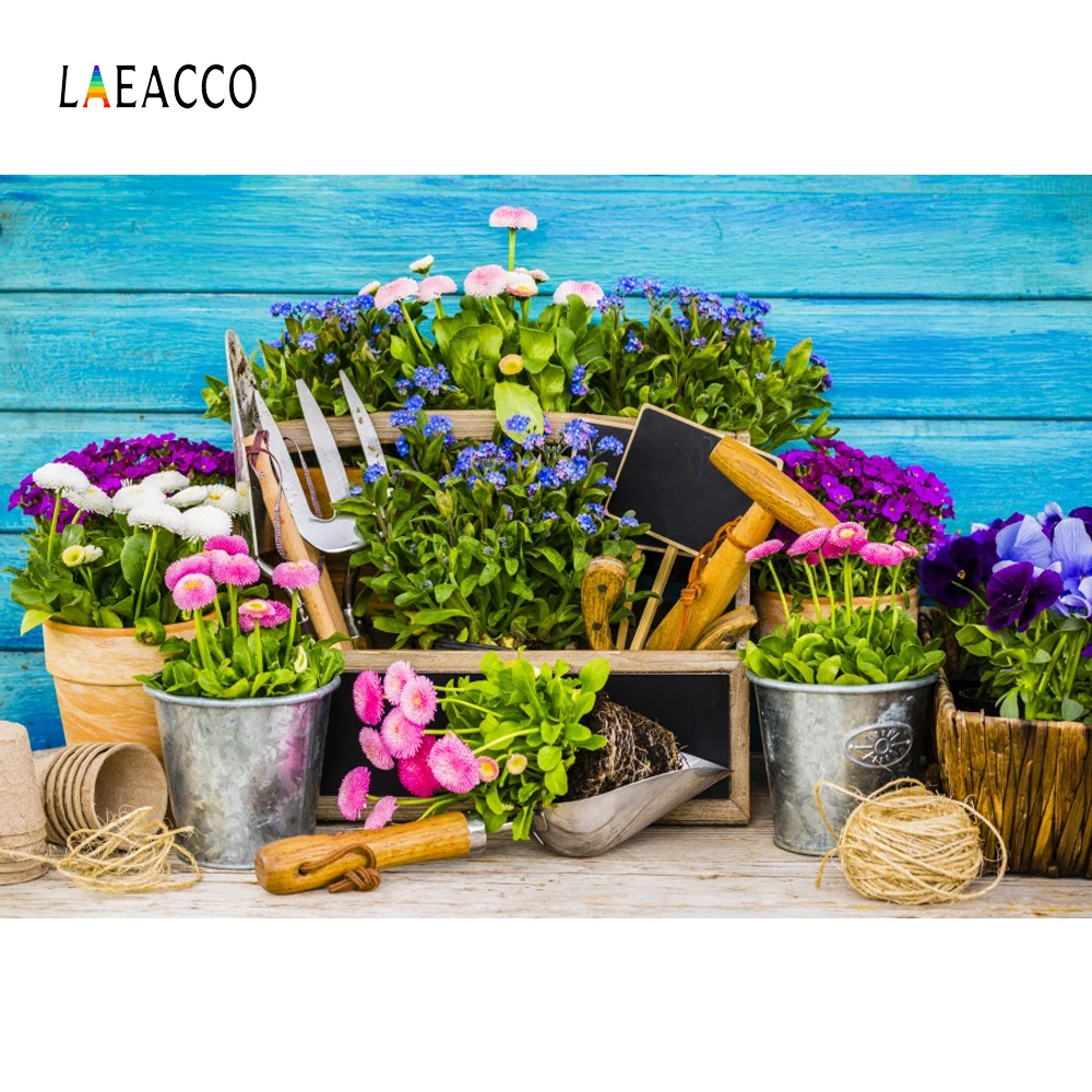 

Laeacco Spring Potted Flower Garden Tools Blue Fade Wooden Wall Photographic Backgrounds Photography Backdrops For Photo Studio