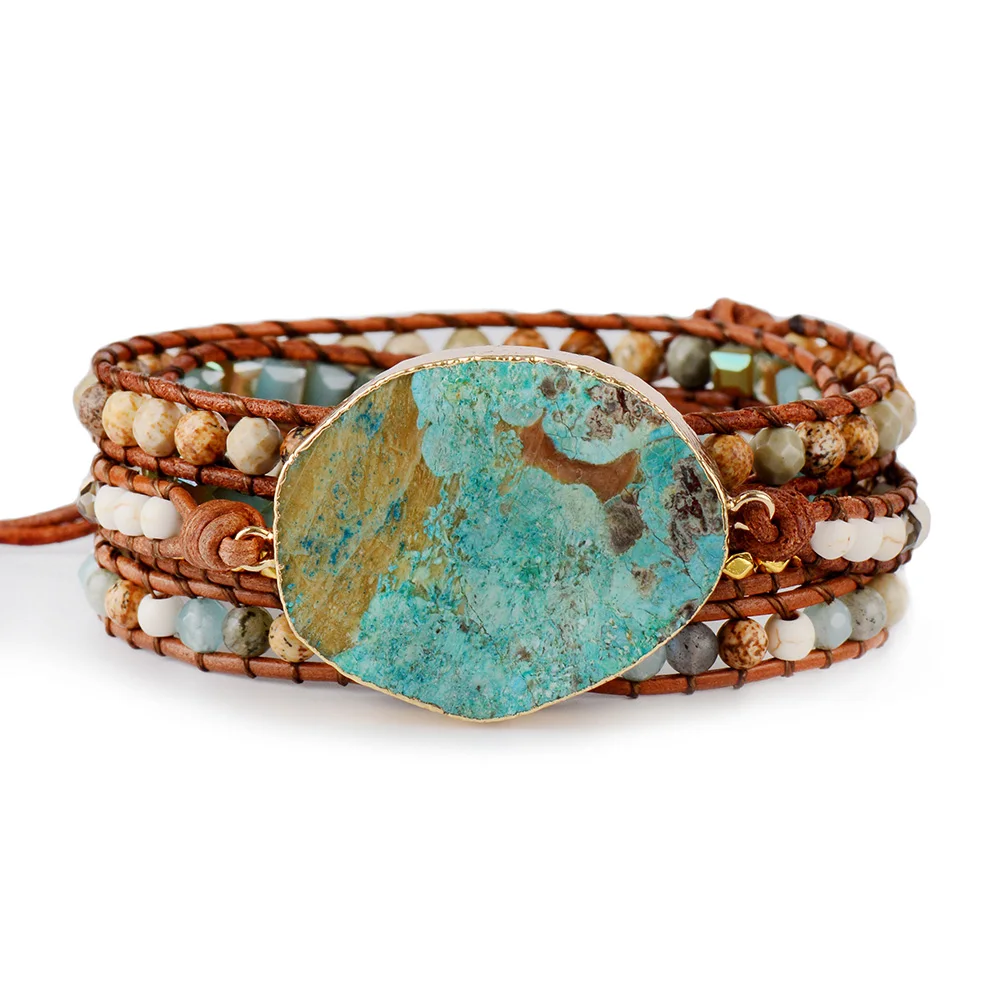 

Women Leather Bracelet Unique Mixed Natural Stones Gilded Stone Charm 5 Strands Wrap Bracelets Handmade Boho Bracelet Dropship