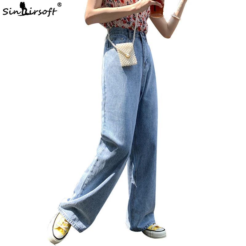 

Women's High Waist Full Length Pants Soild Denim Wide Leg Patchwork Pocket Jeans Female Vintage Streetwear Boyfriend Trousers