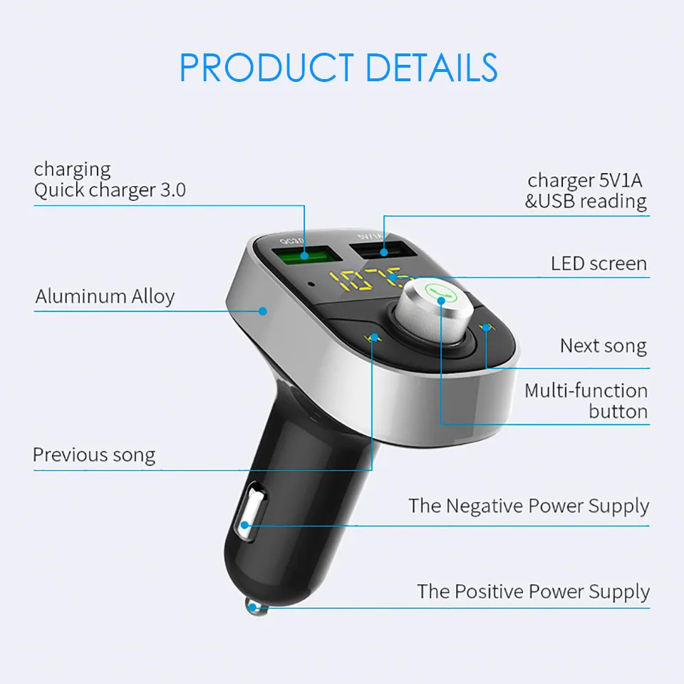 Wireless Bluetooth FM Transmitter Bluetooth Car Kit Handsfree USB Car MP3 Player Voltage Display QC 3.0 Car charger (10)